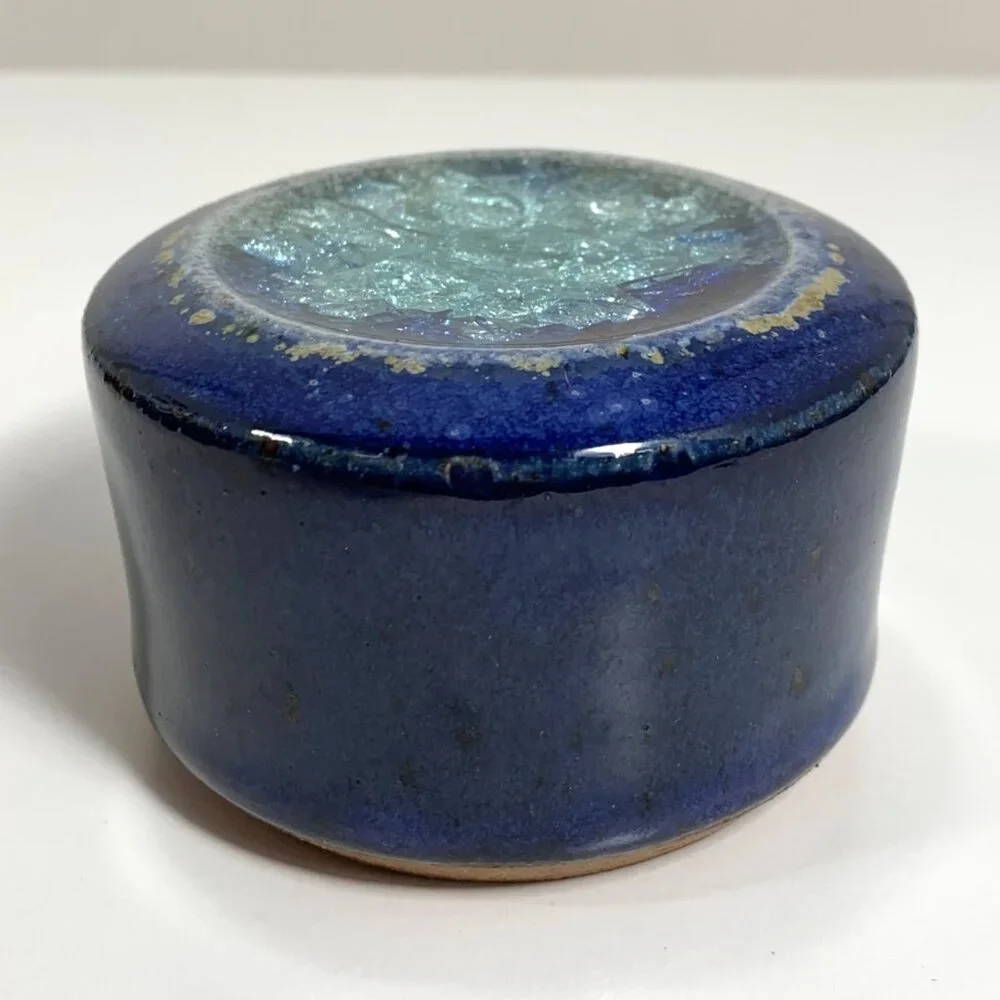 Salterra Spice Shaker Blue Ceramic Pottery w/ Geode Crackle Glass